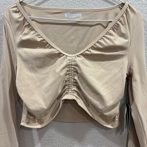 Forever 21 Beige Ruched Crop Long Sleeve Top